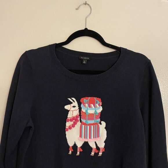 Talbots Sz M Navy Blue Whimsical Llama Embellished 3/4 Sleeves Crewneck Sweater - Picture 6 of 9